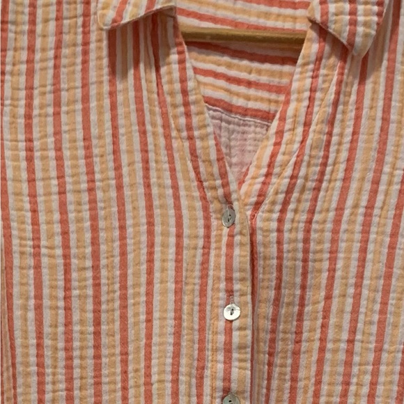 Soft Surroundings PETITE MEDIUM Escambia Gauze Shirt  Peach Orange White Stripe - Picture 2 of 14